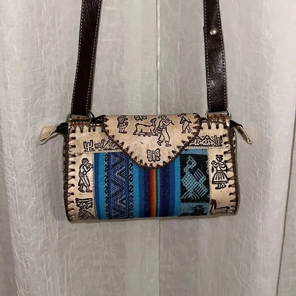 Peruvian Genuine Tooled Graphic Leather Stripe Mini Crossbody Bag